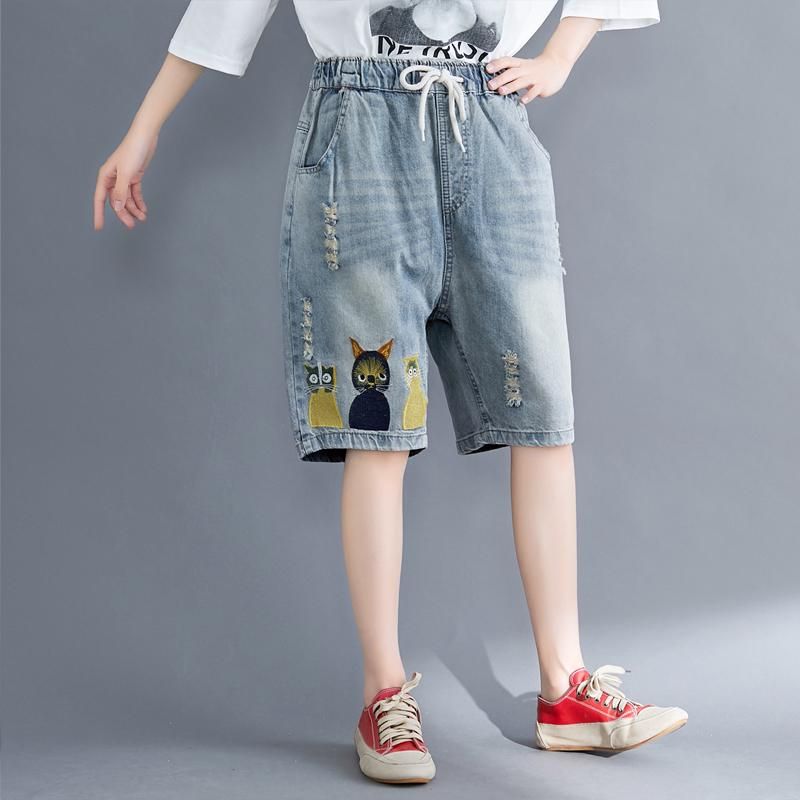 Casual Denim Shorts Met Borduursels In Grote Maten