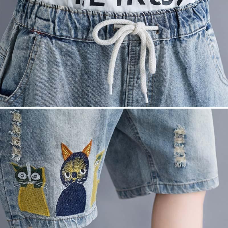 Casual Denim Shorts Met Borduursels In Grote Maten