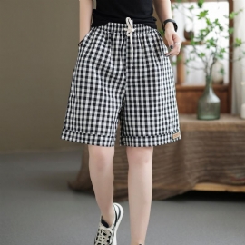 Dames Zomer Katoen Linnen Losse Plaid Shorts