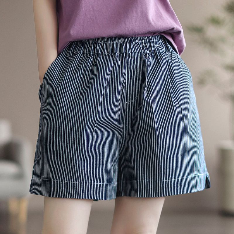 Dames Zomer Losse Gestreepte Katoenen Denim Shorts