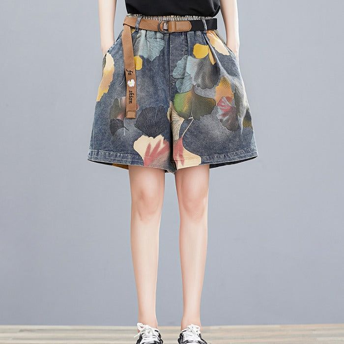 Dames Zomer Retro Bloemenprint Denim Losse Shorts