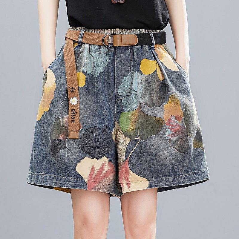 Dames Zomer Retro Bloemenprint Denim Losse Shorts