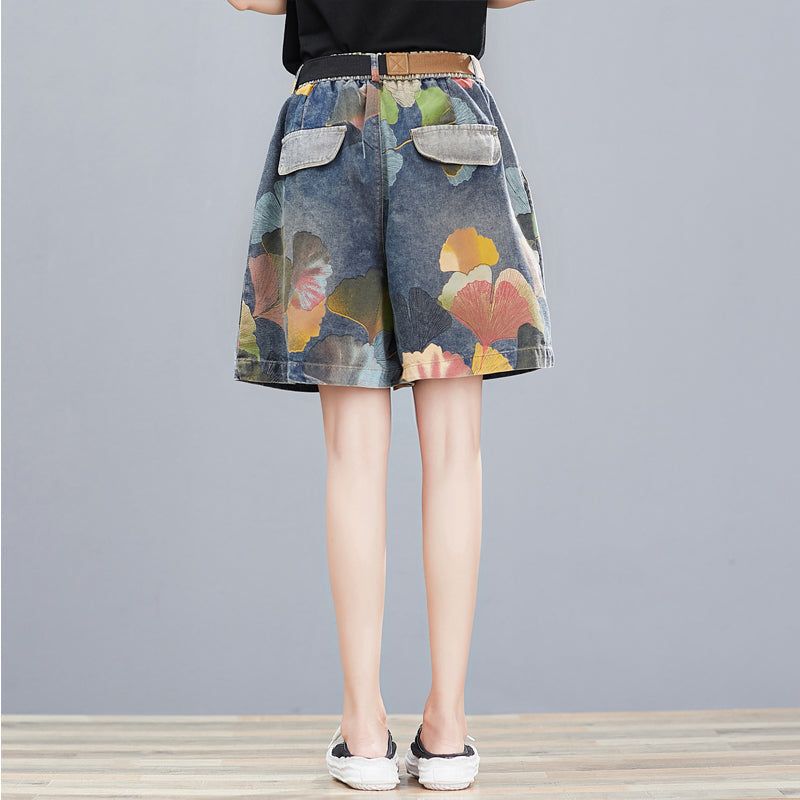 Dames Zomer Retro Bloemenprint Denim Losse Shorts