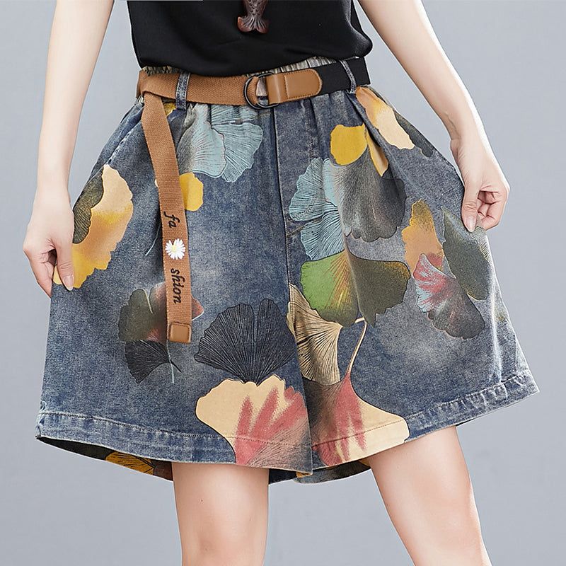 Dames Zomer Retro Bloemenprint Denim Losse Shorts