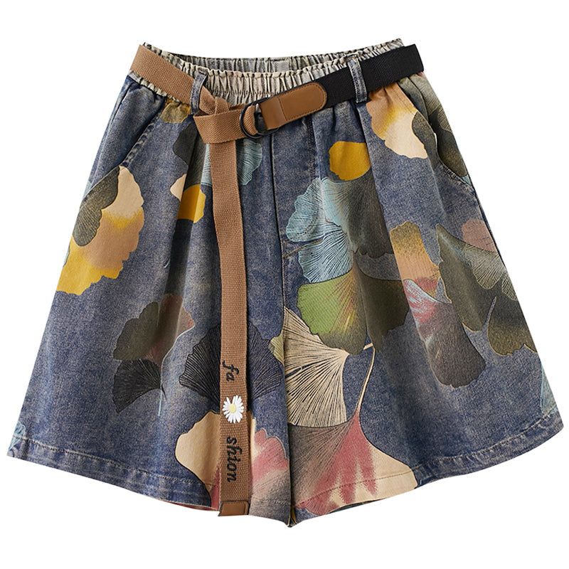 Dames Zomer Retro Bloemenprint Denim Losse Shorts