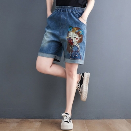 Dames Zomer Retro Borduurwerk Denim Shorts