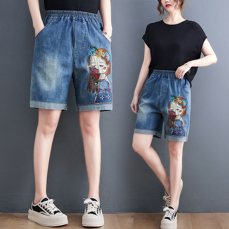 Dames Zomer Retro Borduurwerk Denim Shorts