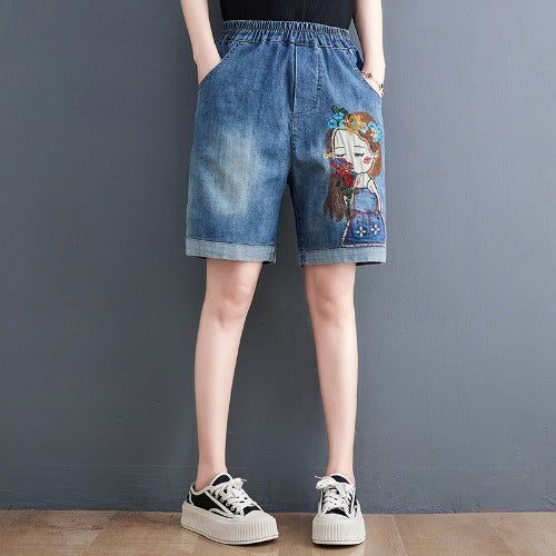 Dames Zomer Retro Borduurwerk Denim Shorts