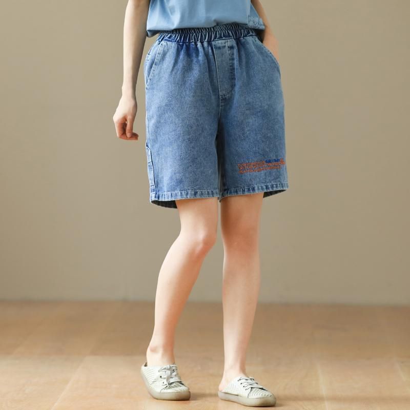 Losse Elastische Taille Letters Borduurwerk Katoenen Denim Shorts