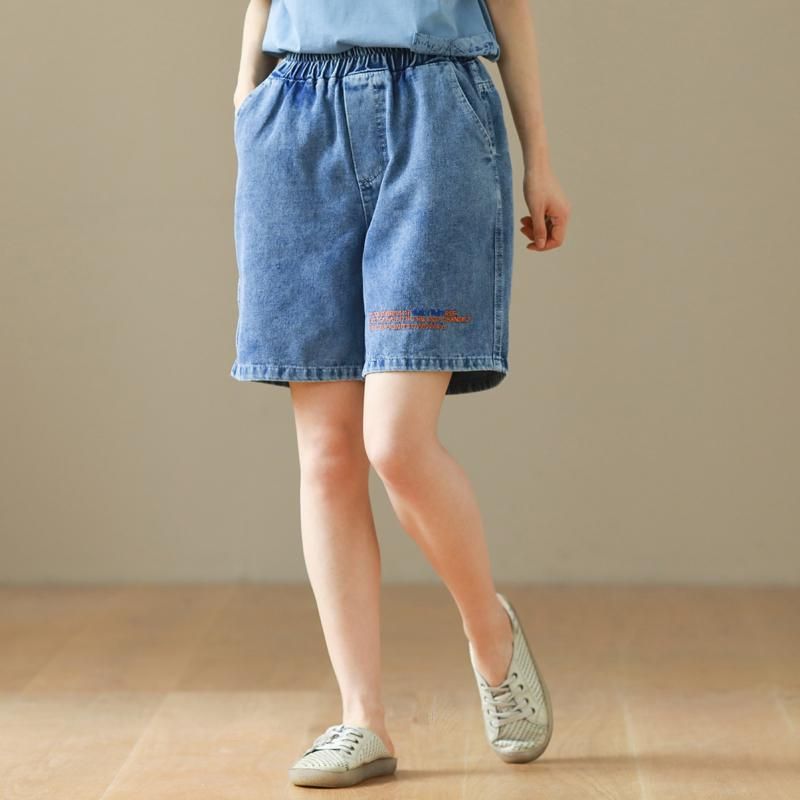 Losse Elastische Taille Letters Borduurwerk Katoenen Denim Shorts