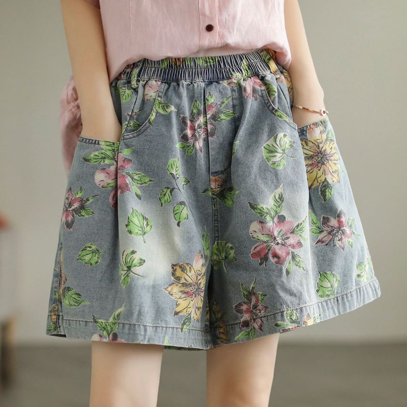 Zomer Losse Dames Bloemen Bedrukte Katoenen Denim Shorts