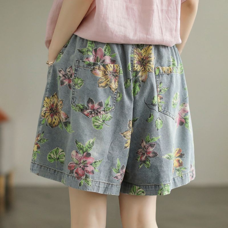 Zomer Losse Dames Bloemen Bedrukte Katoenen Denim Shorts