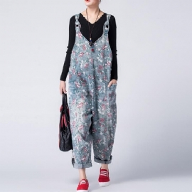 Bloemen Denim Losse Casual Jumpsuit