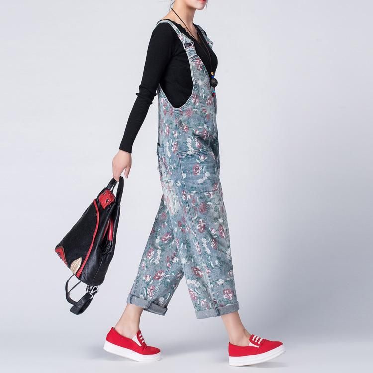 Bloemen Denim Losse Casual Jumpsuit