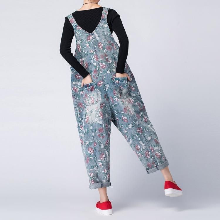 Bloemen Denim Losse Casual Jumpsuit