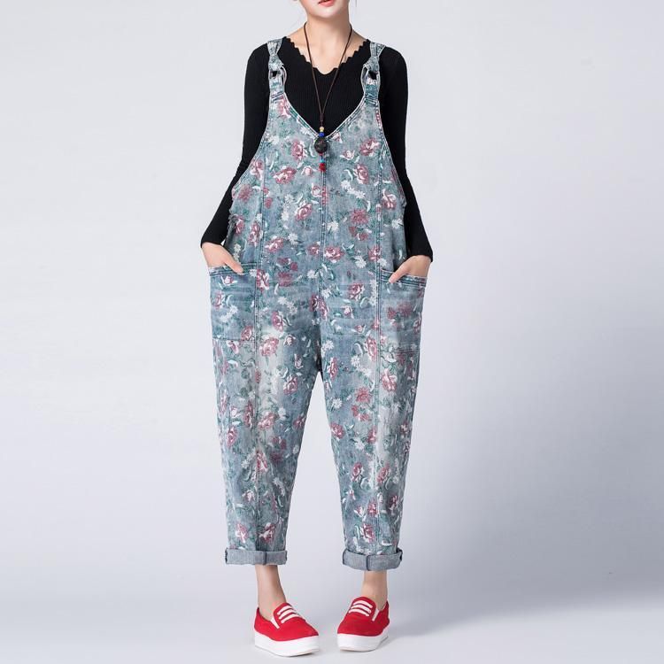 Bloemen Denim Losse Casual Jumpsuit