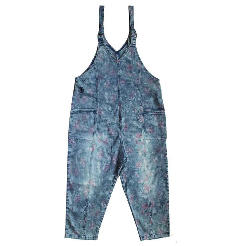 Bloemen Denim Losse Casual Jumpsuit