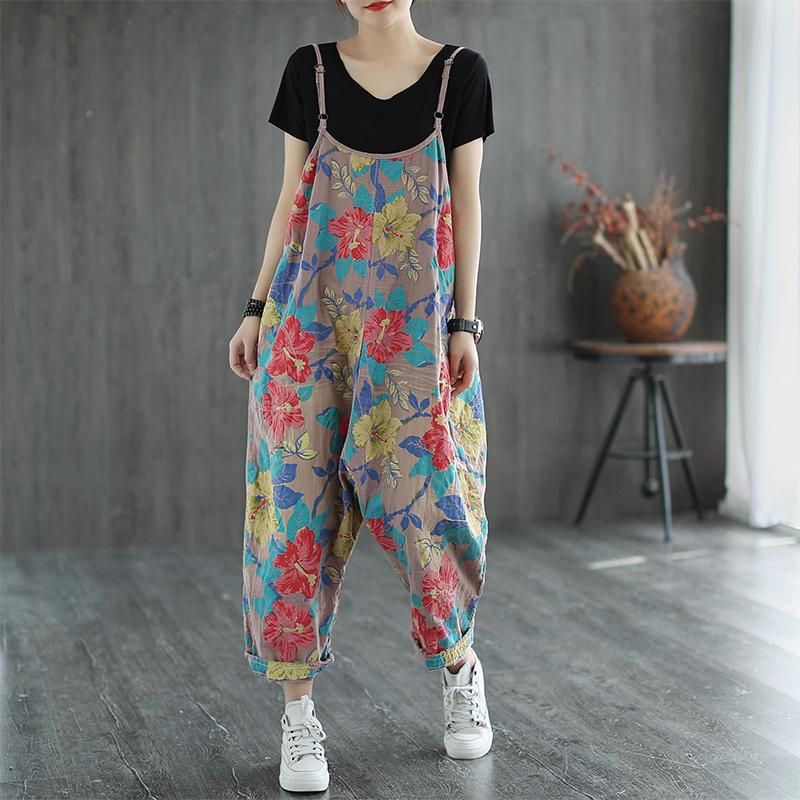 Casual Linnen Losse Retro Jumpsuit Met Bloemenprint