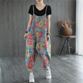 Casual Linnen Losse Retro Jumpsuit Met Bloemenprint