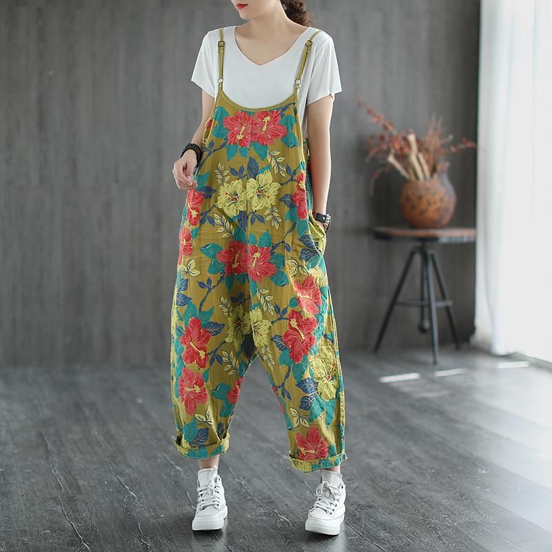 Casual Linnen Losse Retro Jumpsuit Met Bloemenprint