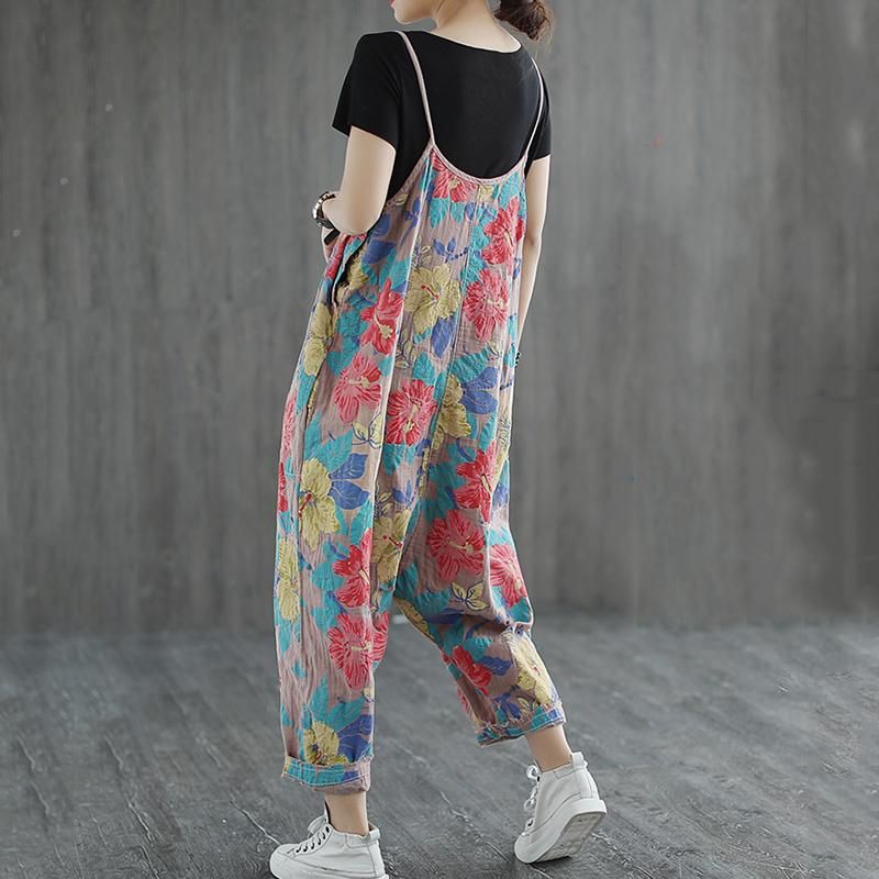 Casual Linnen Losse Retro Jumpsuit Met Bloemenprint