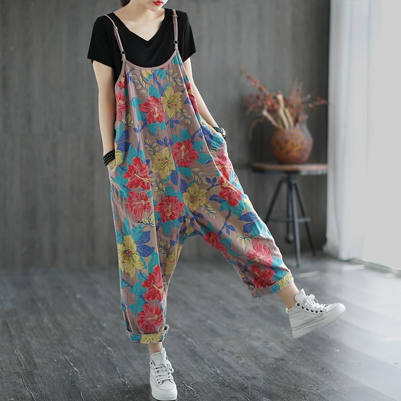 Casual Linnen Losse Retro Jumpsuit Met Bloemenprint