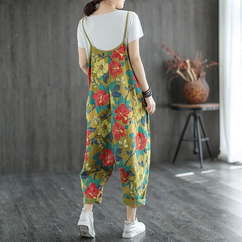 Casual Linnen Losse Retro Jumpsuit Met Bloemenprint