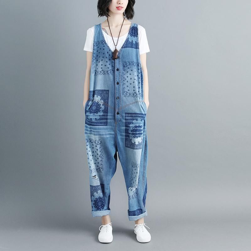 Dames Katoenen V-hals Mouwloze Blauwe Denim Jumpsuits