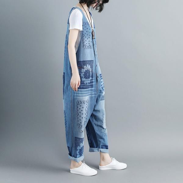 Dames Katoenen V-hals Mouwloze Blauwe Denim Jumpsuits