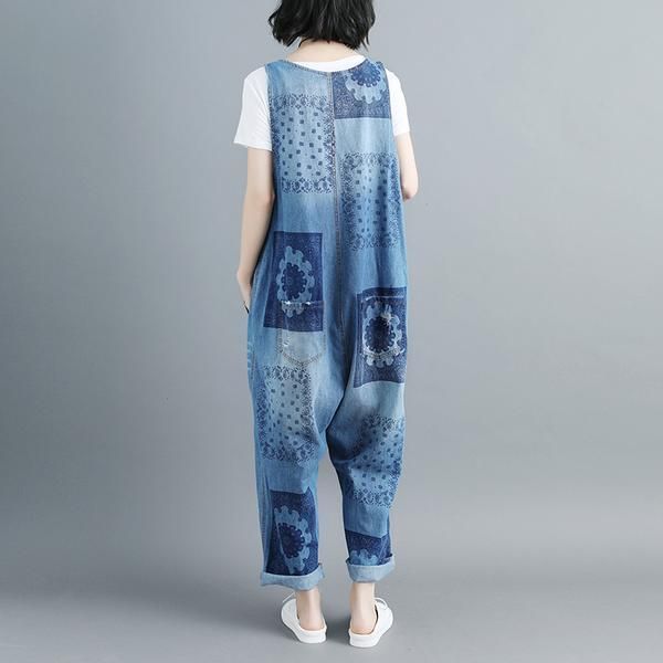 Dames Katoenen V-hals Mouwloze Blauwe Denim Jumpsuits