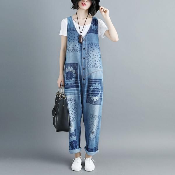 Dames Katoenen V-hals Mouwloze Blauwe Denim Jumpsuits