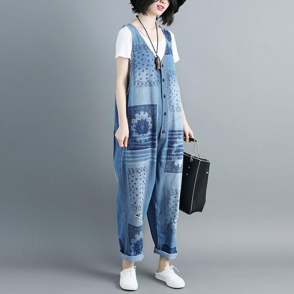 Dames Katoenen V-hals Mouwloze Blauwe Denim Jumpsuits