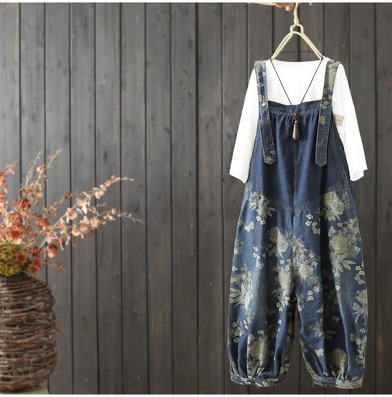 Dames Vintage Losse Print Enkel Denim Jumpsuit