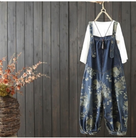 Dames Vintage Losse Print Enkel Denim Jumpsuit