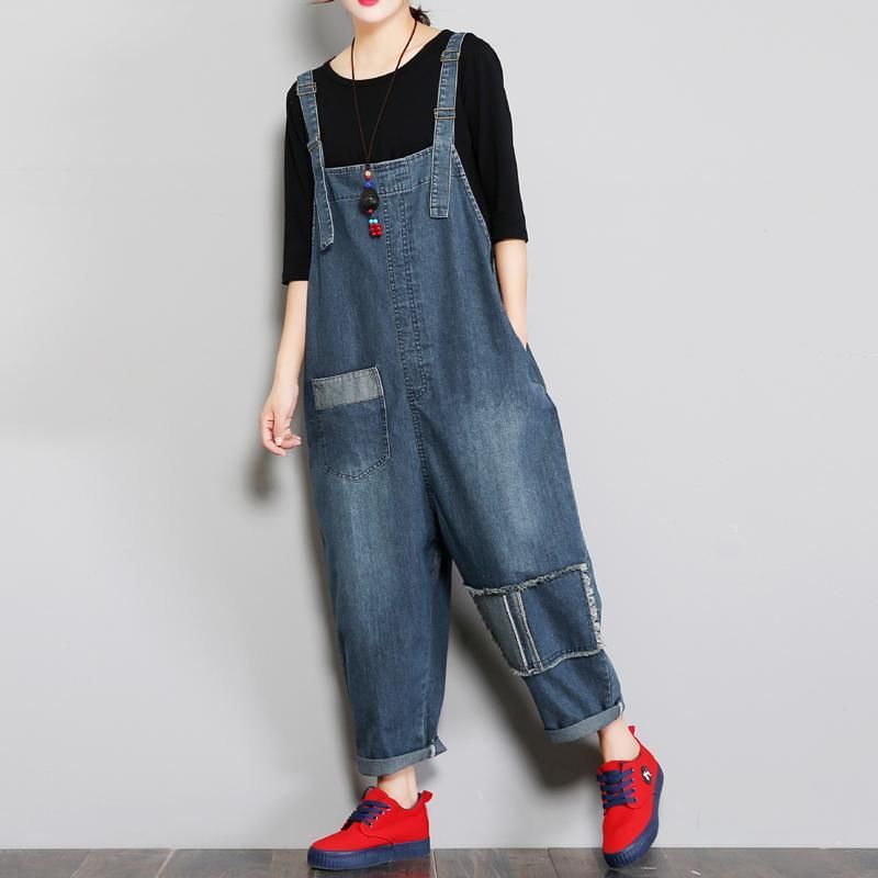 Denim Dames Losse Patch Doek Jumpsuit