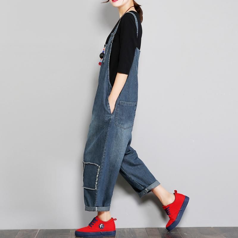 Denim Dames Losse Patch Doek Jumpsuit