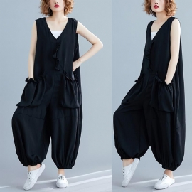 Driedimensionale Pocket V-hals Mouwloze Jumpsuit September