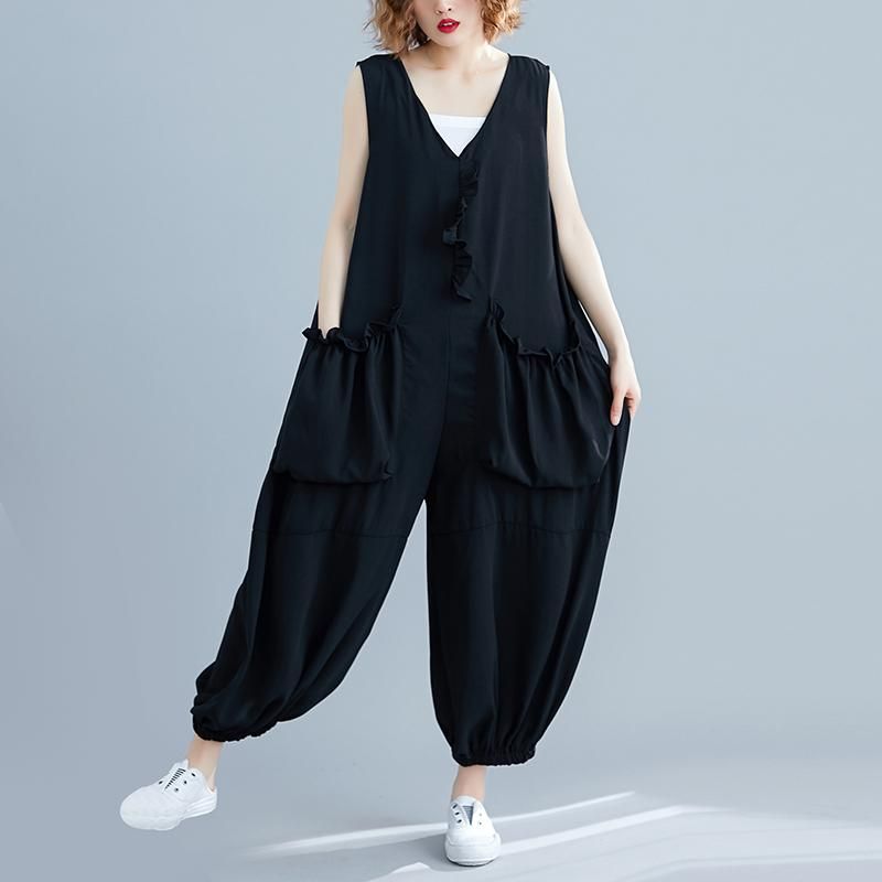 Driedimensionale Pocket V-hals Mouwloze Jumpsuit September