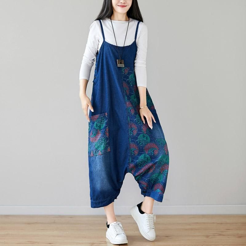 Herfst Denim Slabbetje Loshangende Retro Bedrukte Rok Jumpsuit