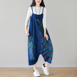 Herfst Denim Slabbetje Loshangende Retro Bedrukte Rok Jumpsuit