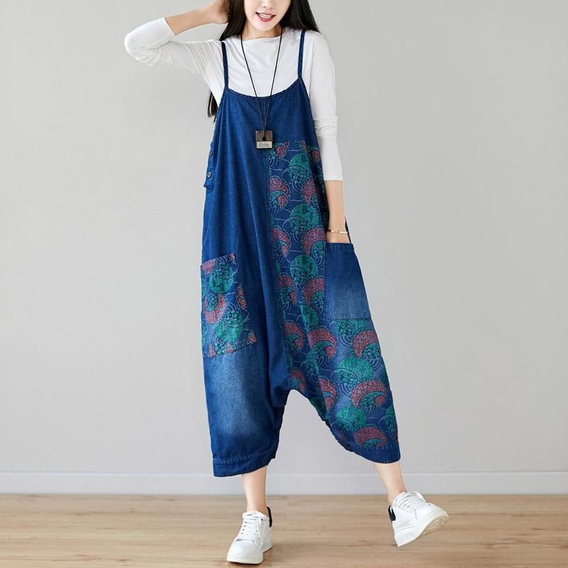 Herfst Denim Slabbetje Loshangende Retro Bedrukte Rok Jumpsuit