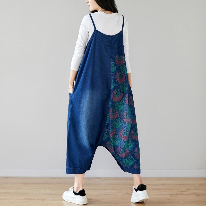 Herfst Denim Slabbetje Loshangende Retro Bedrukte Rok Jumpsuit