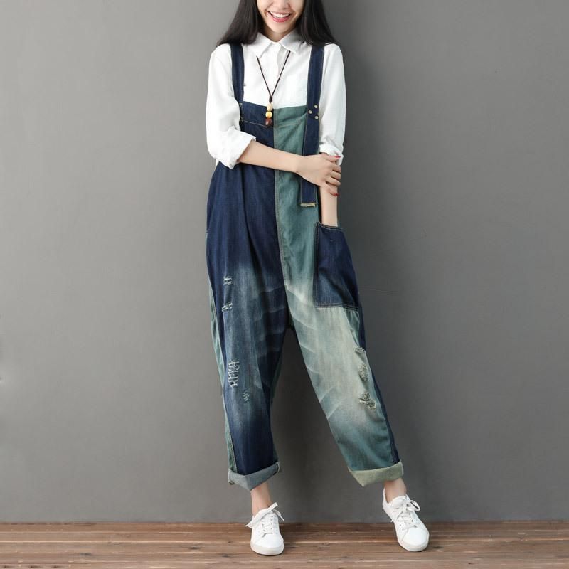 Herfst Ripped Patchwork Losse Casual Katoenen Denim Jumpsuit