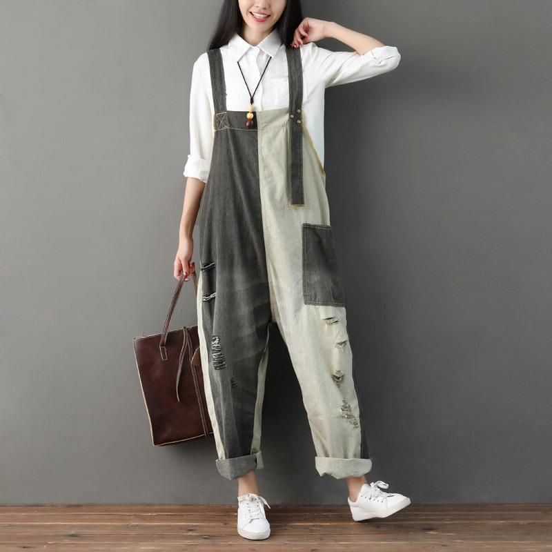 Herfst Ripped Patchwork Losse Casual Katoenen Denim Jumpsuit