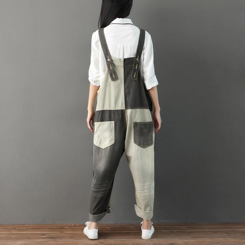 Herfst Ripped Patchwork Losse Casual Katoenen Denim Jumpsuit