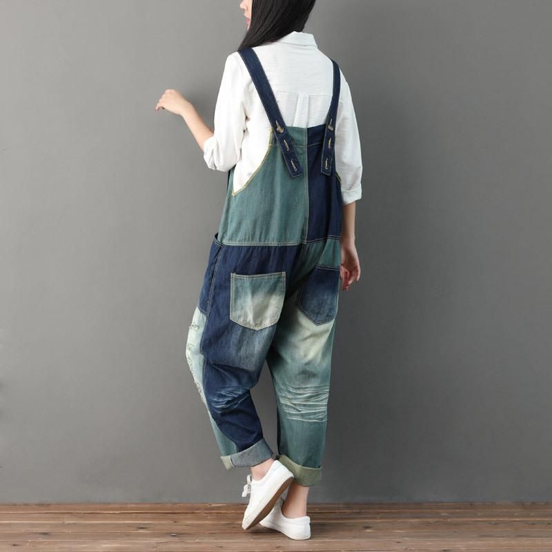 Herfst Ripped Patchwork Losse Casual Katoenen Denim Jumpsuit