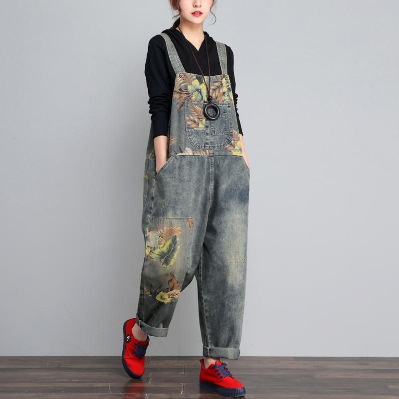 Herfst Winter Denim Losse Retro Printing Dunne Jumpsuit