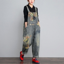 Herfst Winter Denim Losse Retro Printing Dunne Jumpsuit