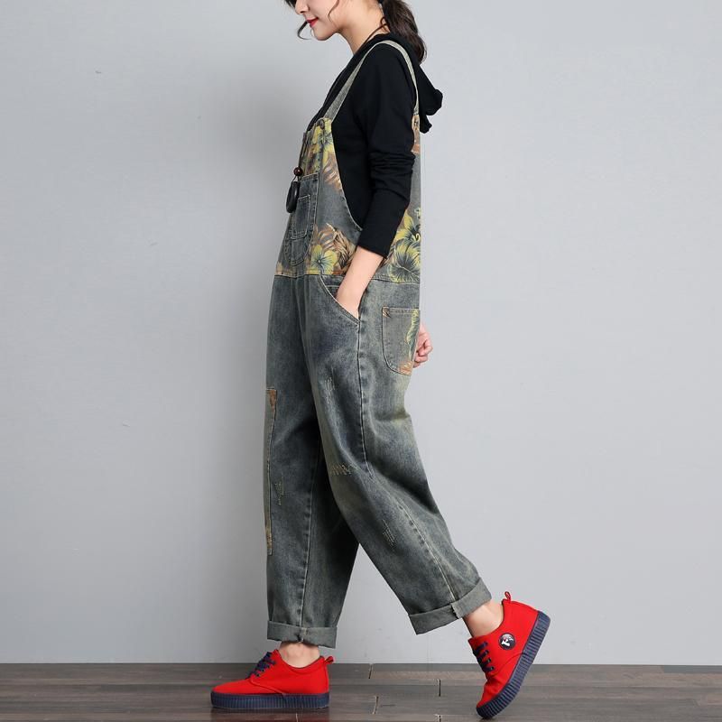 Herfst Winter Denim Losse Retro Printing Dunne Jumpsuit