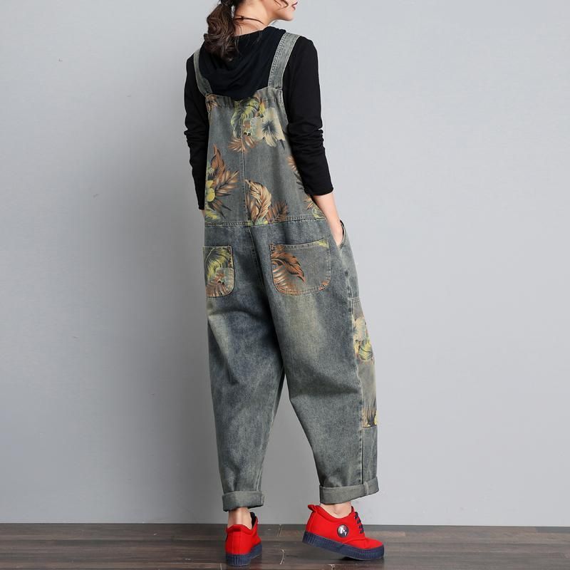 Herfst Winter Denim Losse Retro Printing Dunne Jumpsuit